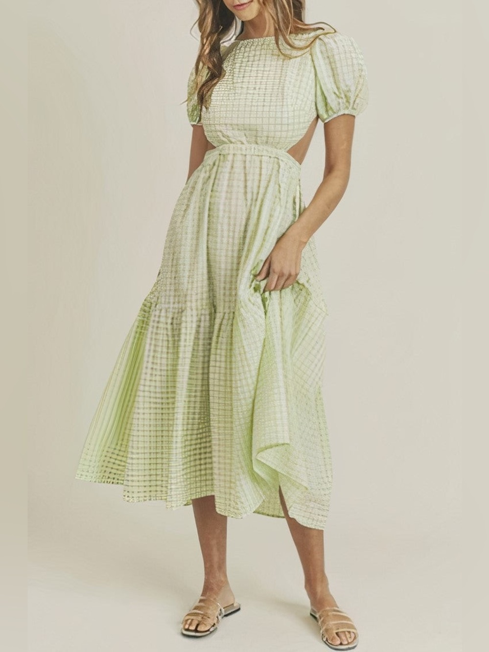 SHIPWRECK LTD Green Gingham Cutout Midi Dress Puff Sleeve Open Back size Medium